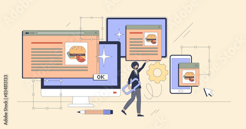 Responsive web design coding for website tiny person neubrutalism concept. Programming website with easy to use UX and UI integration vector illustration. Multiple device software or application.