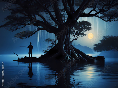 banyan tree beside big lake and waterfall in the night. reflection of the moon in the water. moody atmosphere. men fishing under the tree