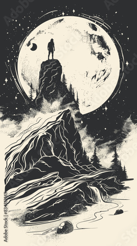 Hand drawn vector illustration of a man standing on top of a mountain and looking at the moon.