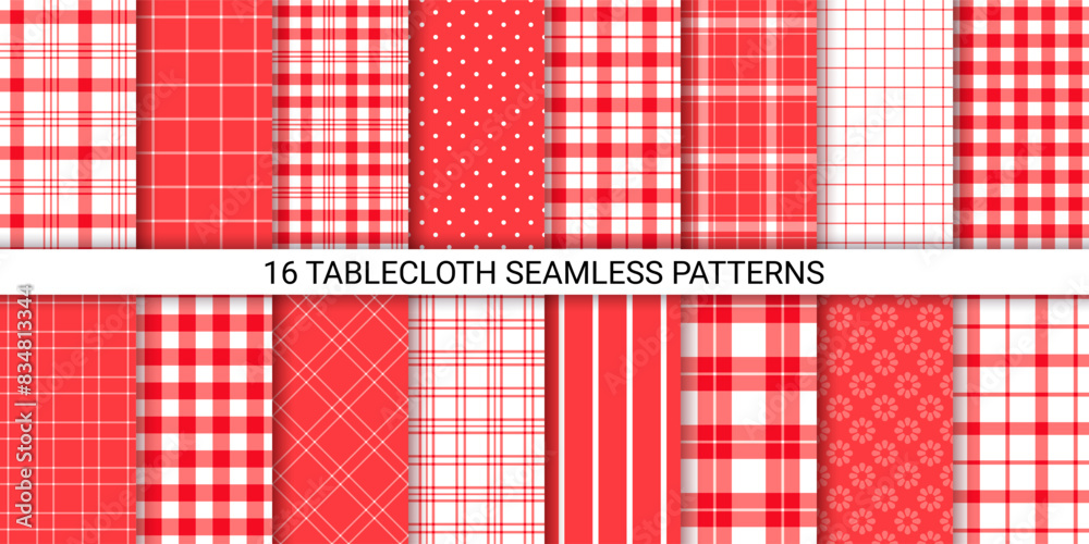 Table cloth pattern. Vichy seamless background. Set red tablecloth. Checkered prints. Picnic kitchen textures. Gingham plaid textile. Retro tartan backdrops. Geometric design. Vector illustration