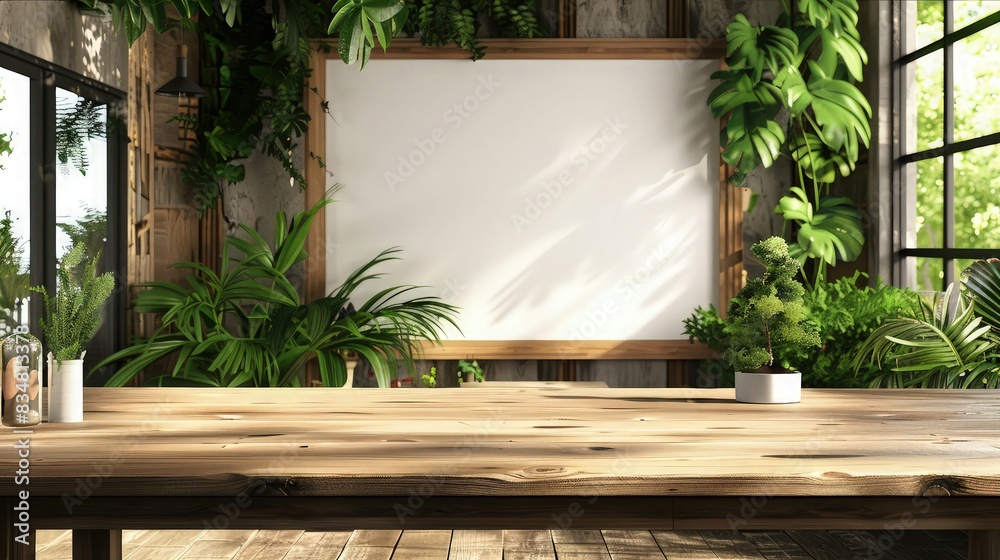 Wood table top inside the house with blank billboard and plants, can be used for display and montage your products or food. Wood table top inside the house with blank billboard and plants, can be used for display and montage your products or food.