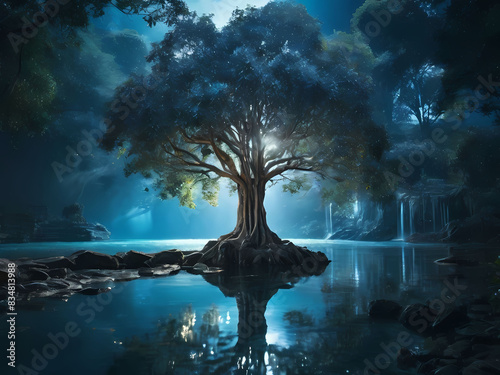banyan tree beside big lake and waterfall in the night. reflection of the moon in the water. moody atmosphere