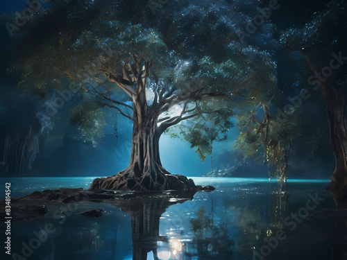 banyan tree beside big lake and waterfall in the night. reflection of the moon in the water. moody atmosphere