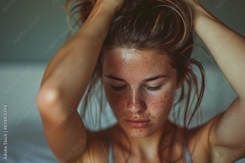 Fototapeta premium A close-up of a woman tying her hair back as she prepares to get out of bed. Her hands are deftly gathering her hair into a ponytail, and her expression is focused. The image highlights the small,