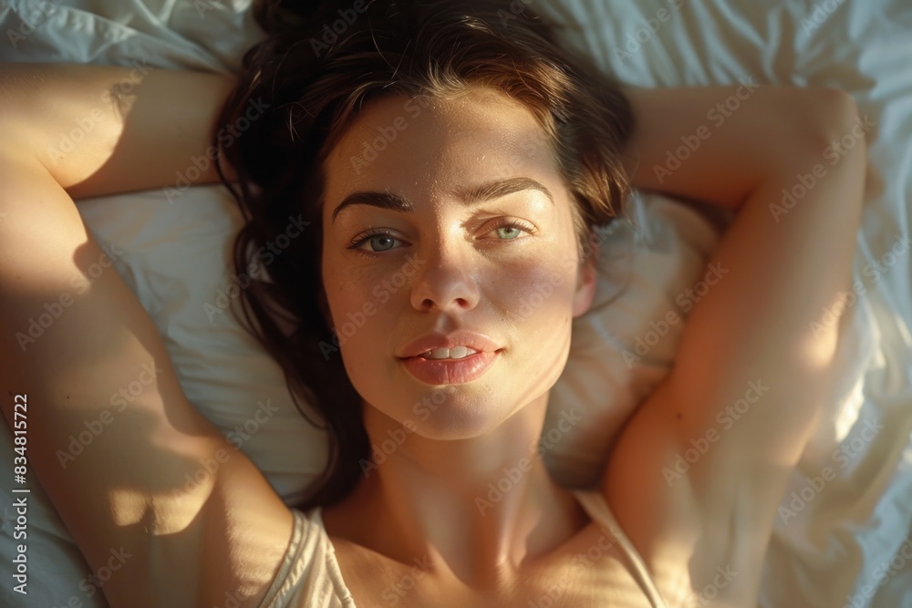 A close-up of a woman stretching in bed after waking up. Her arms are extended above her head, and she has a relaxed expression on her face. The soft morning light illuminates her features, A close-up of a woman stretching in bed after waking up. Her arms are extended above her head, and she has a relaxed expression on her face. The soft morning light illuminates her features,