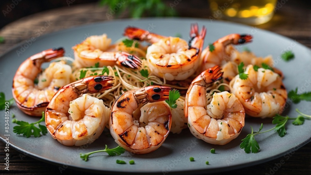 grilled shrimps on a white plate with salad. grilled shrimps on a white plate with salad.