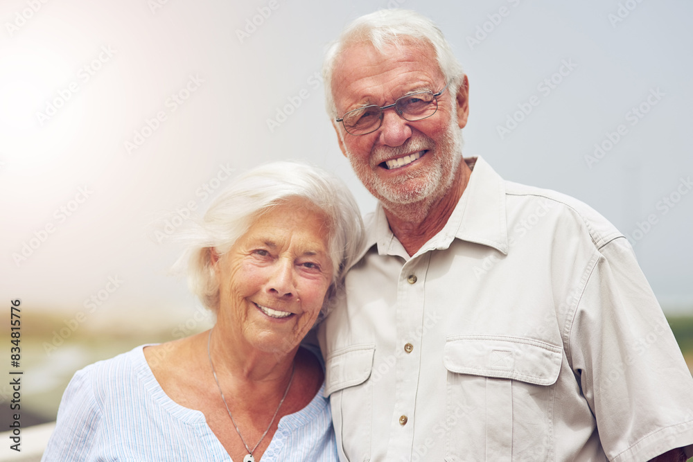Senior couple, hug and portrait outdoor with love for vacation, date or relationship together in summer. Man, woman and embrace with happiness and smile in retirement for holiday, care and commitment Senior couple, hug and portrait outdoor with love for vacation, date or relationship together in summer. Man, woman and embrace with happiness and smile in retirement for holiday, care and commitment