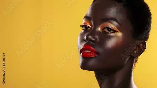 Elegant Senegalese Woman Showcases Stunning Makeup Palette on Daffodil Yellow Backdrop