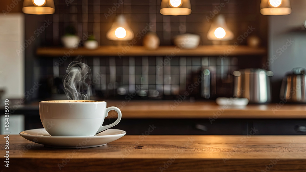 Wooden table top with hot cup of coffee on blurred kitchen, restaurant or bar interior background with copy space. Wooden table top with hot cup of coffee on blurred kitchen, restaurant or bar interior background with copy space.
