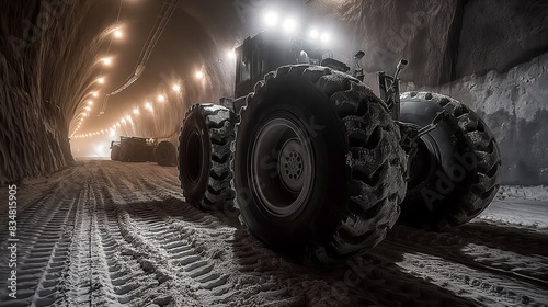 Heavy-duty tractor in an underground tunnel illuminated by lights, showcasing industrial machinery and construction progress