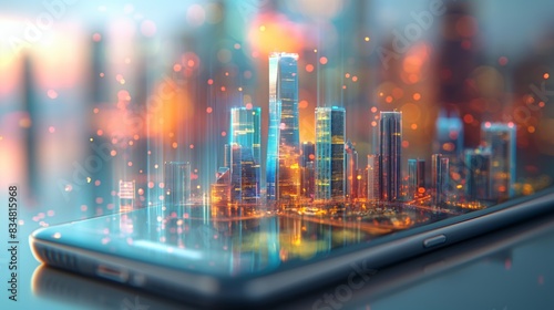 Futuristic technology cityscape with skyscrapers emerging from a smartphone  concept of smart city and digital transformation.