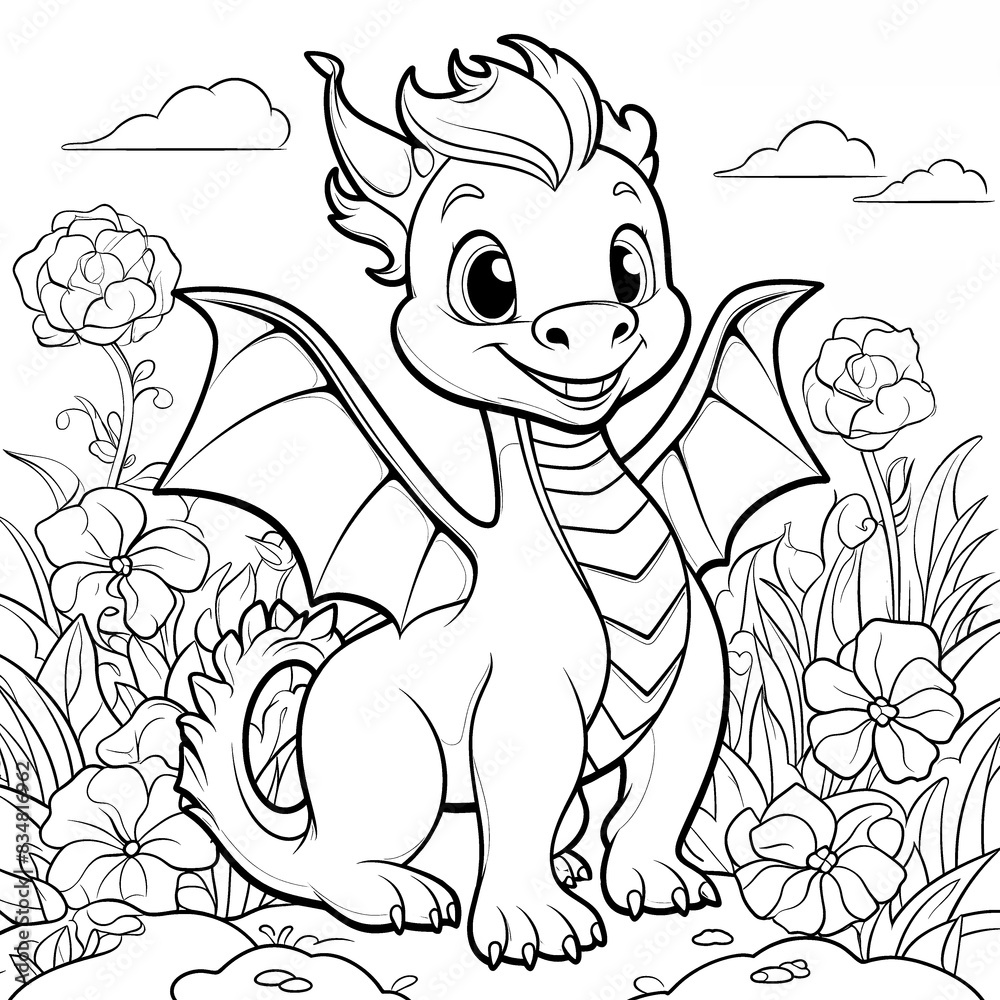Cute cartoon dragon among the flowers, in style of simple doodle outline. Coloring page for kids. Cute cartoon dragon among the flowers, in style of simple doodle outline. Coloring page for kids.