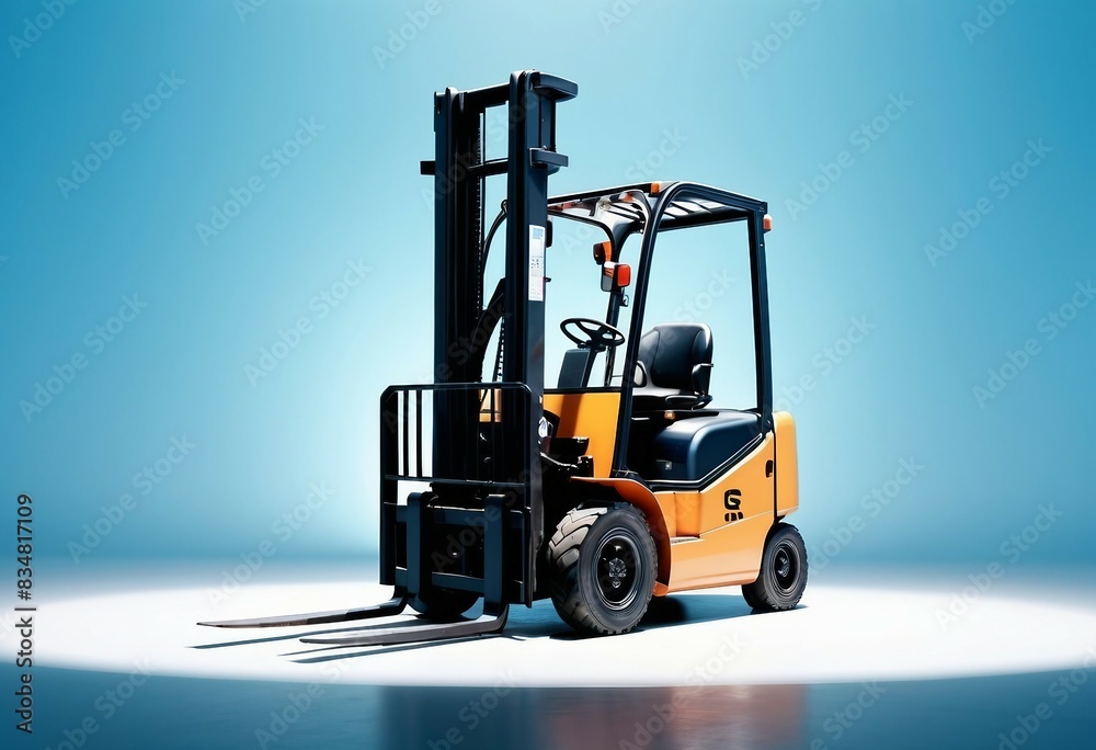 forklift truck, isolated light blue background, glossy ground
