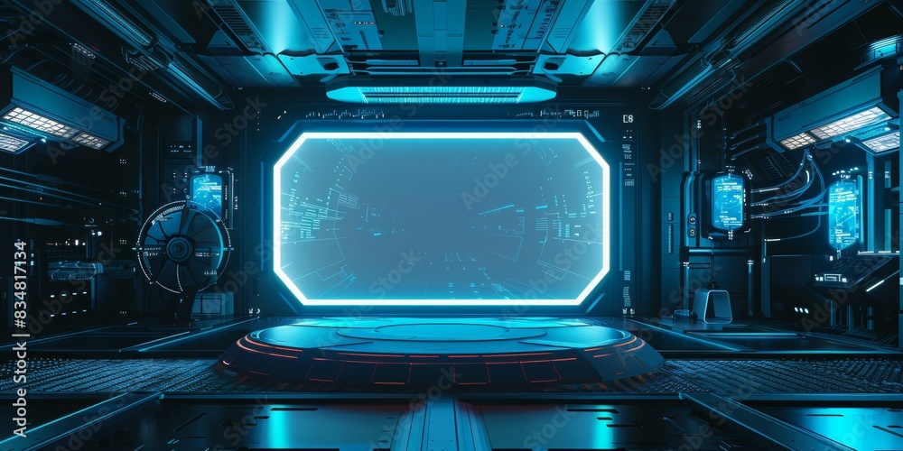 Wide, horizontal minimalistic, circular platform with slight cyber-tech enhancements, in a futuristic environment Wide, horizontal minimalistic, circular platform with slight cyber-tech enhancements, in a futuristic environment