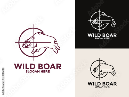 Wild hog or boar logo design, Wild Boar Hunter vector logo template