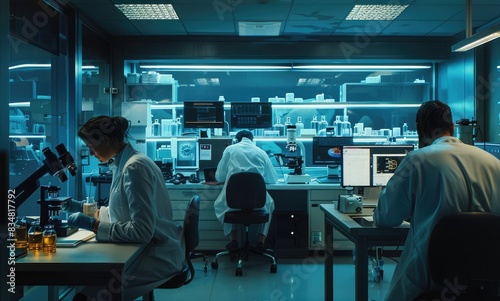 Cinematic, modern laboratory with scientists working on microscopical equipment and computers in the background, photo
