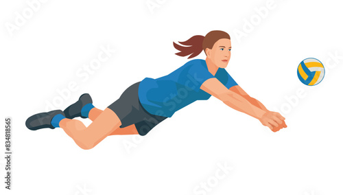 Girl figure of a professional women's volleyball player in blue t-shirt falling and going for a dig to hit the ball