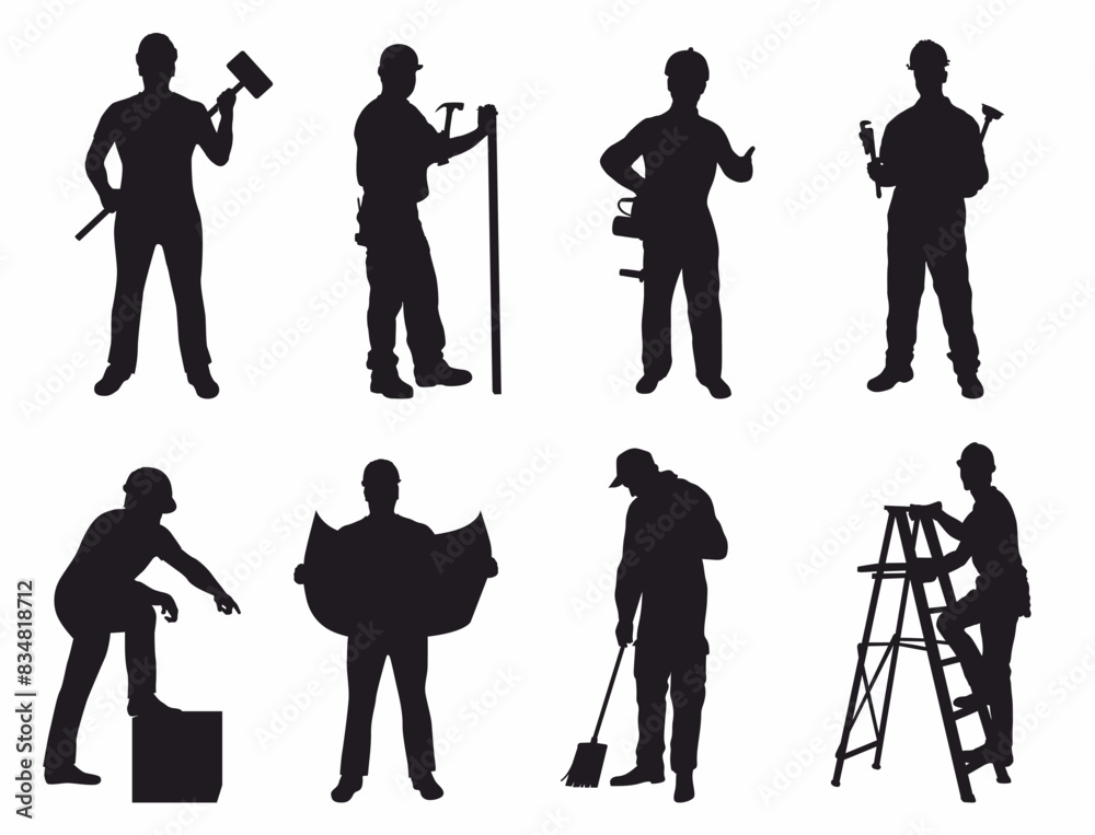 Silhouette of construction worker. Builder and site labor. Silhouette of construction worker. Builder and site labor.