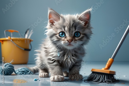 cute cat washes the floors, isolated on a blue background