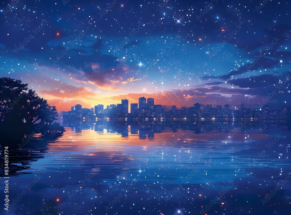 Obraz premium Cityscape with river and stars