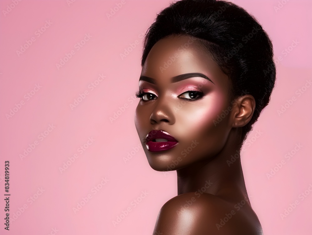 Elegant African Model Showcases Decorative Cosmetics on Plain Pink Backdrop Elegant African Model Showcases Decorative Cosmetics on Plain Pink Backdrop