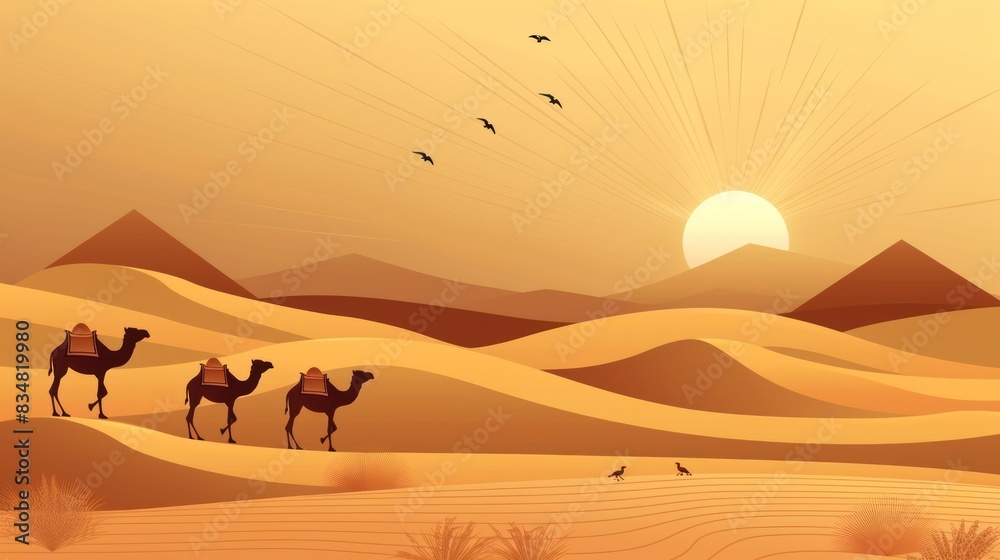 Obraz premium desert with camels and dunes wallpaper