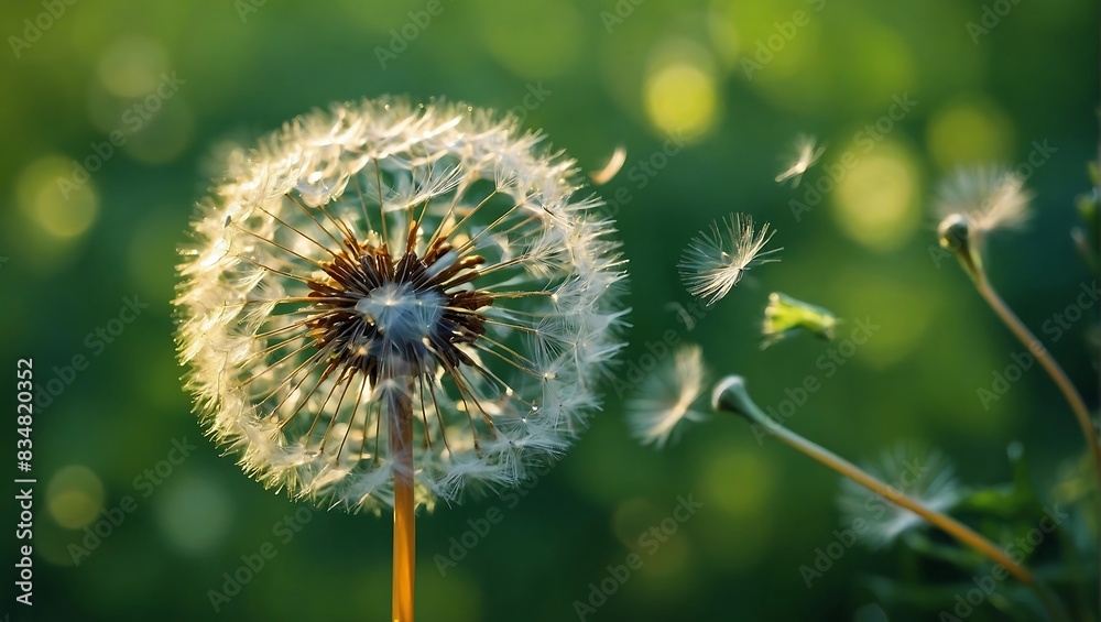 Obraz premium Dandelion seeds blowing in the wind background