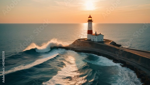 lighthouse in the middle of the sea, sunset colors and little wavy sea	 photo