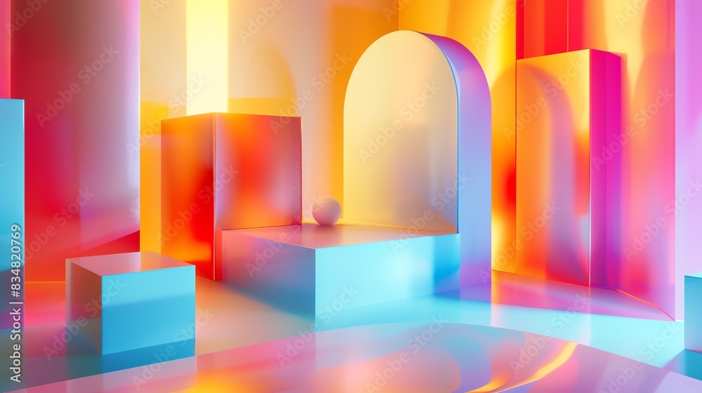 A modern 3D rendering of prismatic art, featuring colorful shapes in a minimalist design The polished surfaces and smooth gradients blend into an aesthetic background, creating a sleek composition