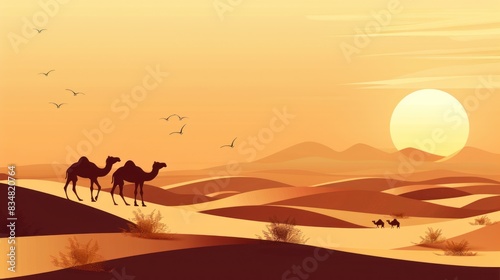 desert with camels and dunes wallpaper