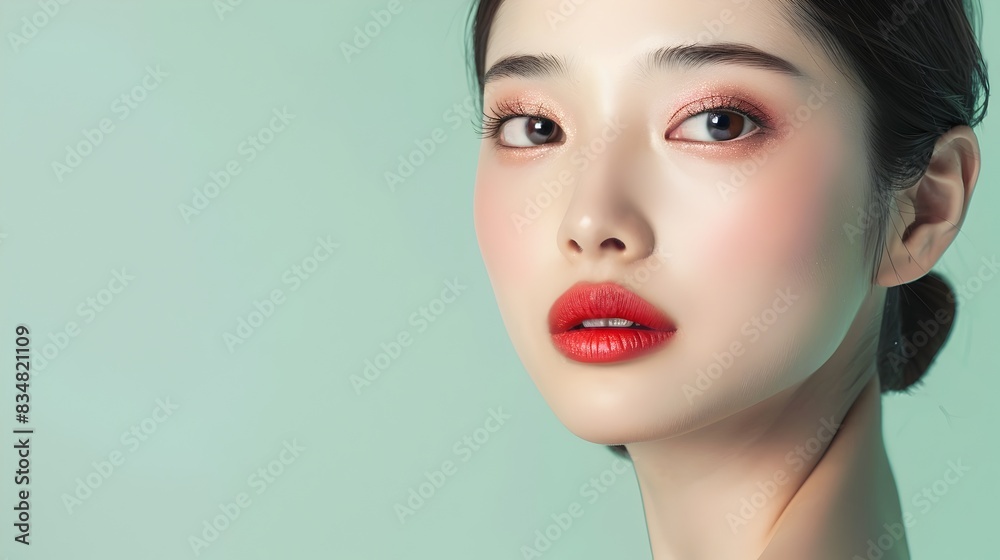 Elegant Japanese Model Showcases Decorative Cosmetics on Mint Green Banner
