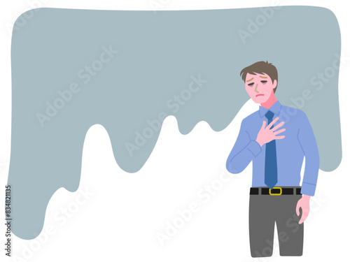 ネガティブな気持ちで落ち込んでいる若いビジネスマンの男性と重くのしかかる感情を表した背景のベクターイラストレーション