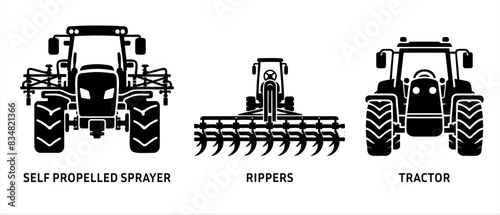 Agriculture machinery and Industrial transport vector icons. Agricultural vehicle front view silhouette black filled vector Illustration icon.