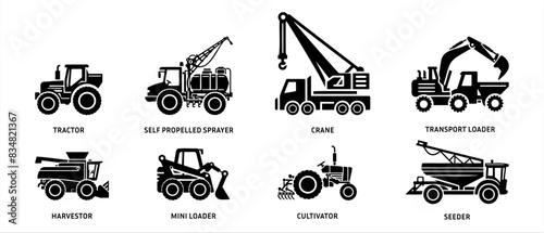 Agriculture machinery and Industrial transport vector icons. Agricultural vehicle side view silhouette black filled vector Illustration icon.