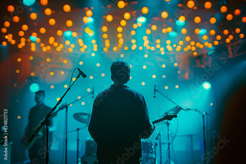 sfondo di concerto dal vivo con strumenti musicali luci azzurre e bokeh giallo con un chitarrista in lontananza e un frontman di spalle photo