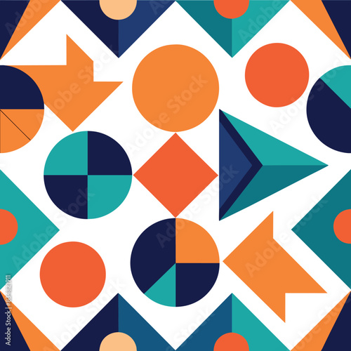 Vibrant Geometric Abstract Pattern with Circles, Arrows, and Diamonds in Bold Colors Modern Art Design for Contemporary Wall Decor
