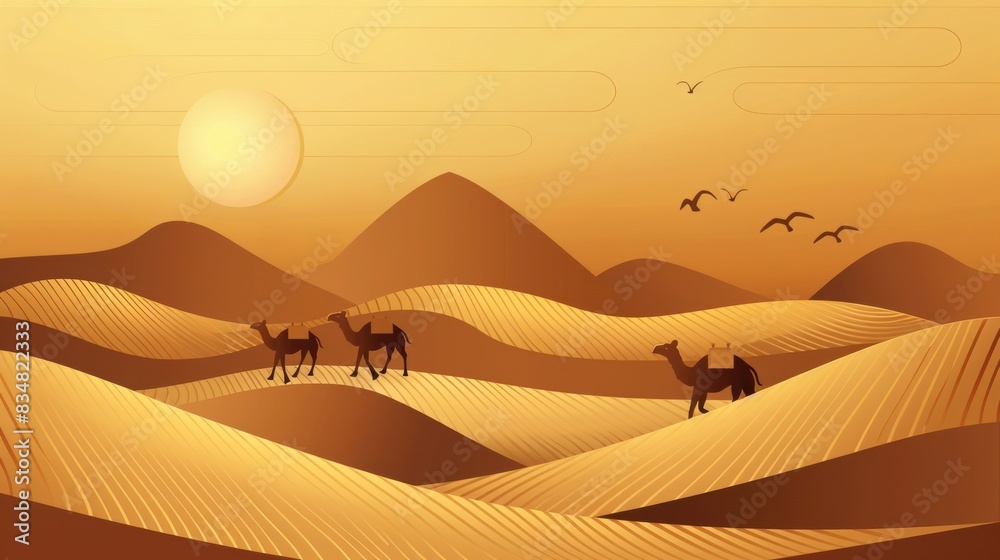 Fototapeta premium desert with camels and dunes wallpaper