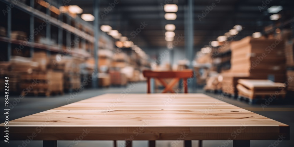 Empty Wooden Table In Foreground With Blurred Warehouse Aisle In Background. Generative AI Empty Wooden Table In Foreground With Blurred Warehouse Aisle In Background. Generative AI