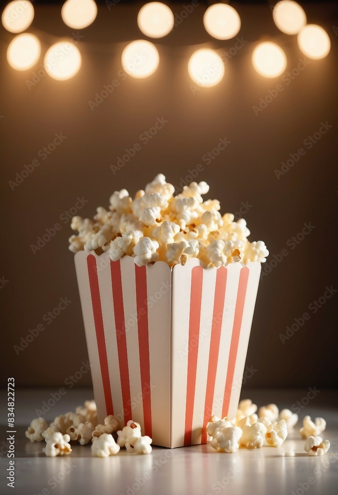 Closeup of a cardboard popcorn tub, brimming with irresistible popcorn, with a dreamy, luminous background featuring a stunning bokeh pattern. Closeup of a cardboard popcorn tub, brimming with irresistible popcorn, with a dreamy, luminous background featuring a stunning bokeh pattern.