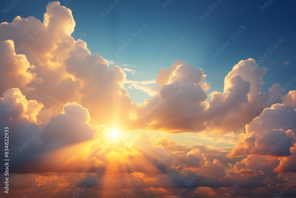 Majestic Sunset Sky with Radiant Sunbeams and Fluffy Clouds. Generative AI