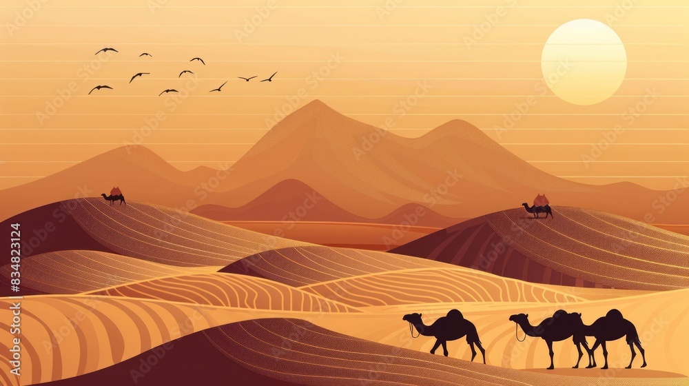 Fototapeta premium desert with camels and dunes wallpaper