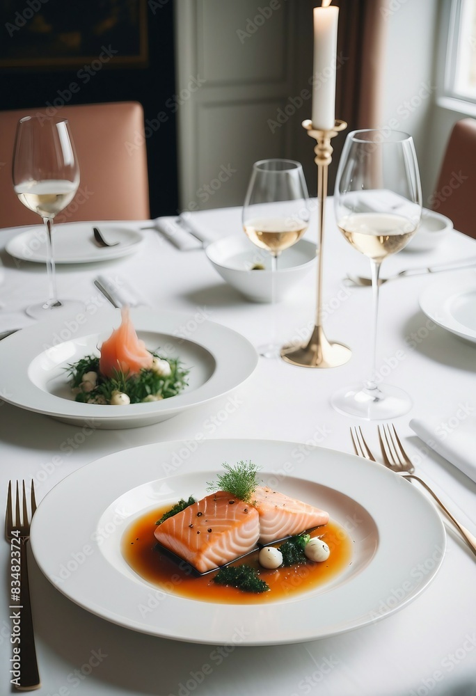 delicious salmon on a white porcelain plate in a luxury restaurant delicious salmon on a white porcelain plate in a luxury restaurant