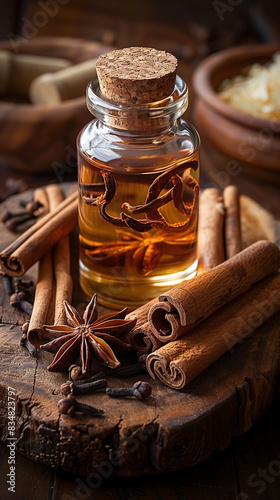 Assorted perfume ingredients including vanilla beans, cinnamon sticks, and star anise on a rustic wooden board
