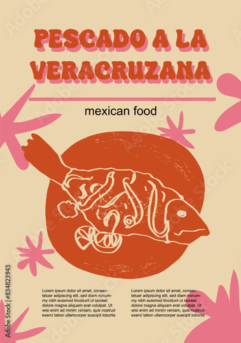 Mexican food set vector illustration. Engraved pescado a la veracruzana, bundle of traditional dishes, homemade and restaurant dinner dishes and sauces cooking in cuisine of Mexico
