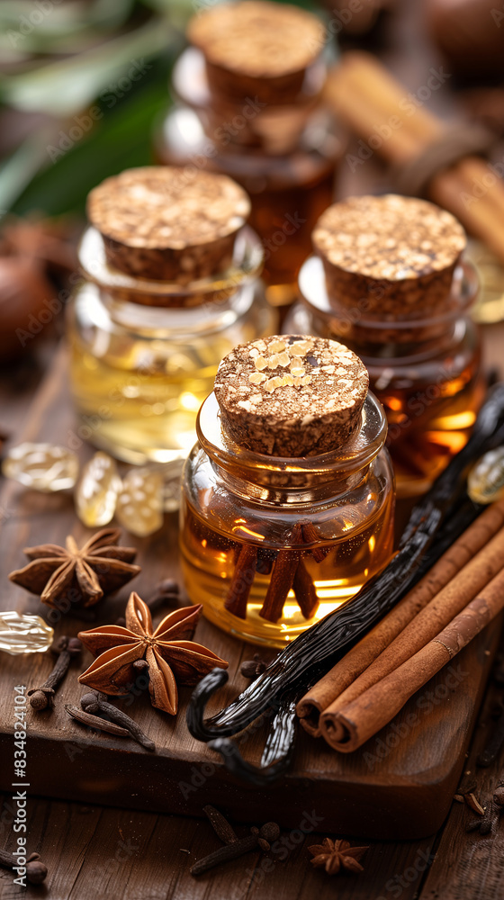 Assorted perfume ingredients including vanilla beans, cinnamon sticks, and star anise on a rustic wooden board Assorted perfume ingredients including vanilla beans, cinnamon sticks, and star anise on a rustic wooden board