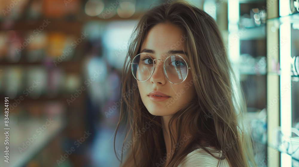 Good looking woman with long hair Try wearing glasses in the eyeglass store Good looking woman with long hair Try wearing glasses in the eyeglass store