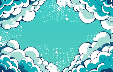 Colorful comic book cloud border with white and blue clouds and a dotted background