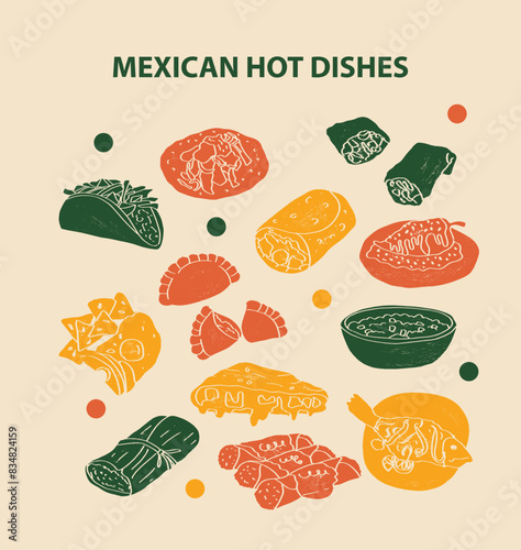 Mexican food set vector illustration. Engraved hot dishes bundle of traditional dishes, homemade and restaurant dinner dishes and sauces cooking in cuisine of Mexico