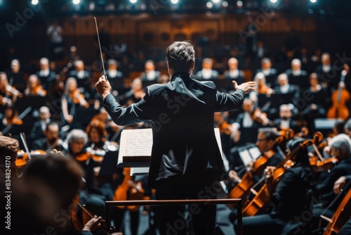 An orchestra conductor directs a large ensemble of musicians during a performance in a concert hall