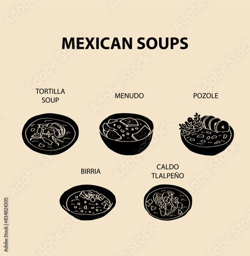 Mexican food set vector illustration. Engraved soups, bundle of traditional dishes, homemade and restaurant dinner dishes and sauces cooking in cuisine of Mexico photo